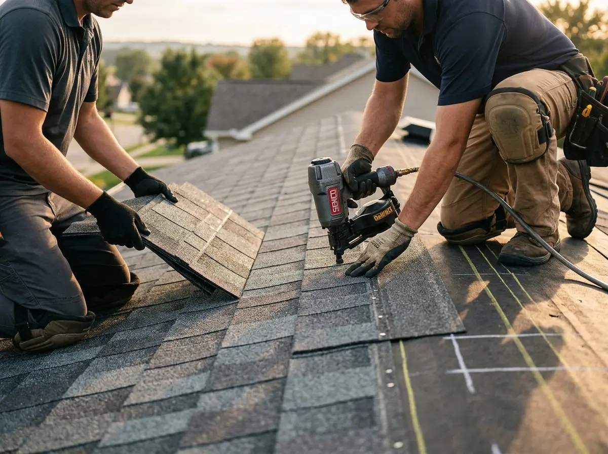 Professional roofer working on a residential roof in Pimmit Hills